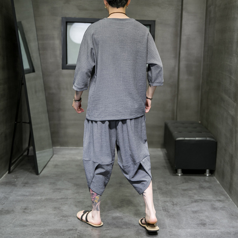 A3002*中国风2021冰丝刺绣款T恤+七分裤哈伦裤套装P90,男装休闲套装,钱塘7008(原4008)