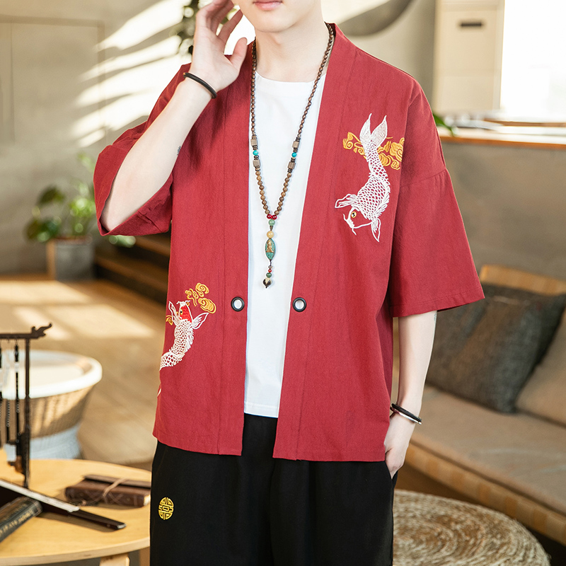 JJ002汉服开衫中国风大码20213色刺绣短袖开衫p45，男装民族服装，钱塘7008(原4008)