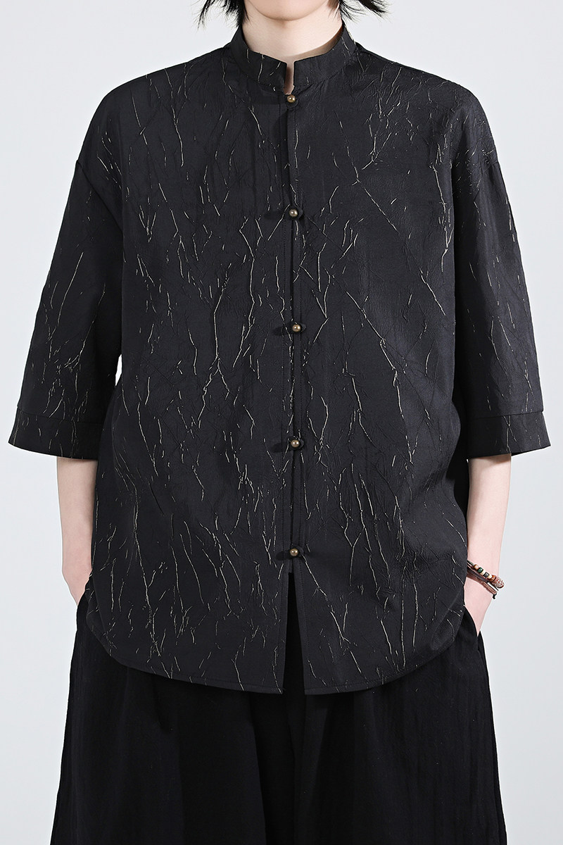 烫金褶皱设计夏季新品2026风汉服短袖衬衫/衬衣A811-p65,男装T恤,钱塘7008(原4008)