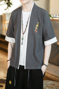 JJ001汉服中国风大码2021夏季 棉麻假两件 男开衫T恤p40图片