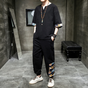 A1031*中国风简约男装2021夏拼花色短袖T恤+九分裤套装P95