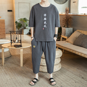 A722*咖啡厅新品2021夏 麒麟刺绣棉麻 T恤+七分裤套装P100图片