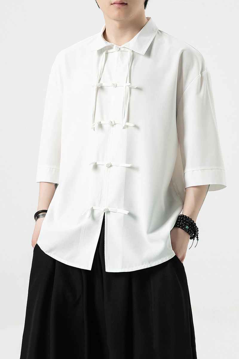 新中式平铺白底夏季2024汉服冰丝短袖衬衫/衬衣A891-p65,男装T恤,钱塘7008(原4008)