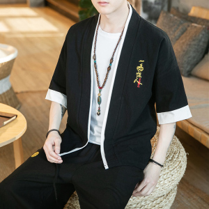JJ001汉服中国风大码2021棉麻假两件 男开衫p40图片