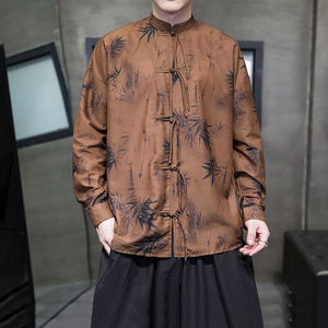 新中式2026春 水墨竹 白底 风    汉服盘扣长袖衬衫A905*P68图片