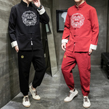 A1002秋冬中国风2020圆刺绣棉麻盘扣/唐装/汉服套装P130，男装民族服装，钱塘7008(原4008)