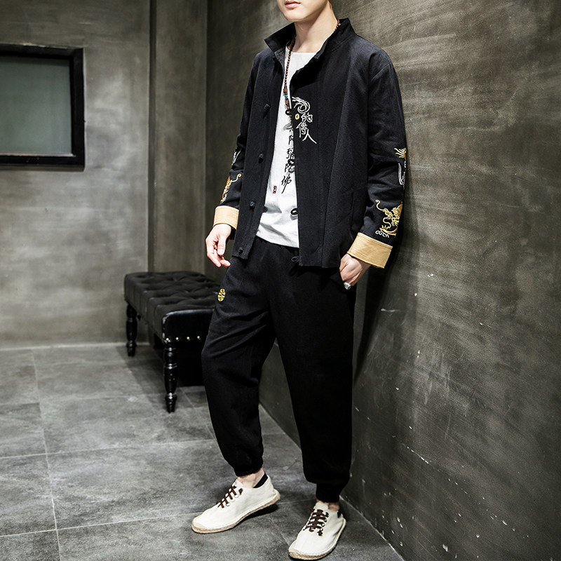 A1019风2021秋冬 双臂刺龙 棉麻盘扣/唐装/汉服套装图片