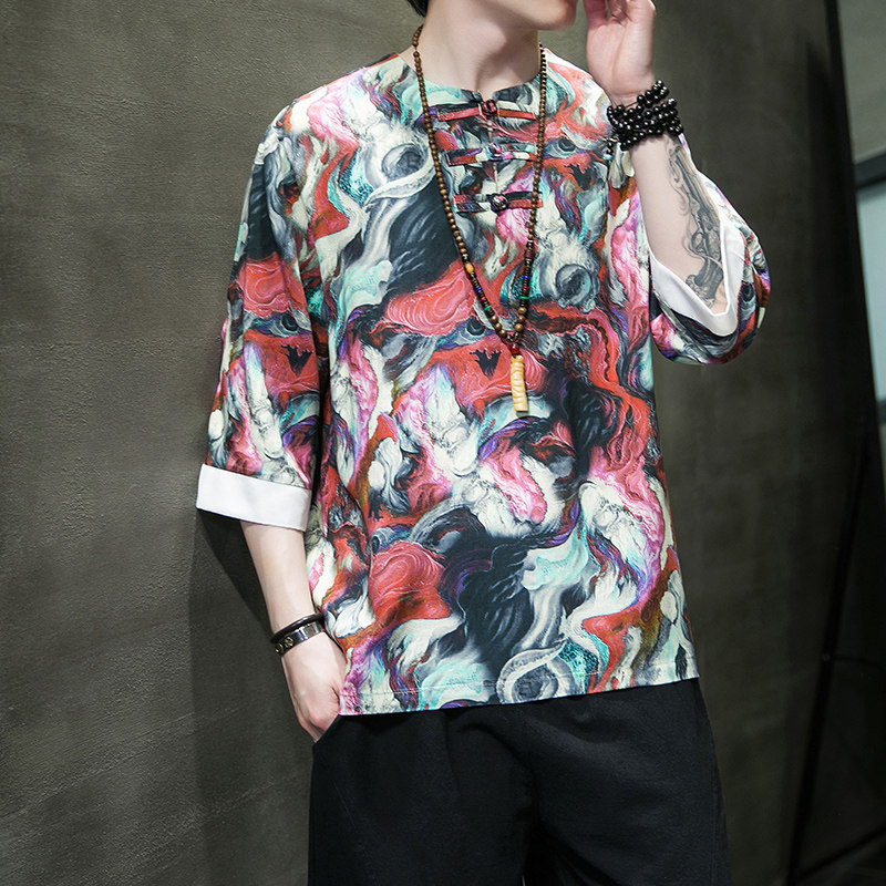 特价有货冰丝大码风夏2026汉服盘扣男短袖T恤特价A883*p45,男装T恤,钱塘7008(原4008)