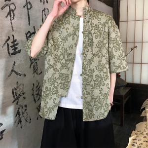 新品夏2026 提花3色 风 汉服短袖衬衫/衬衣A672-p65，男装T恤，钱塘7008(原4008)
