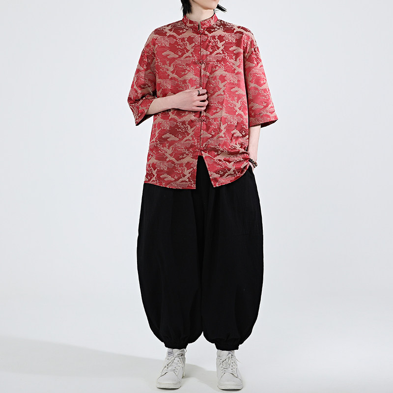 仙鹤提花夏季新品2026风汉服短袖衬衫/衬衣A678-p65,男装T恤,钱塘7008(原4008)