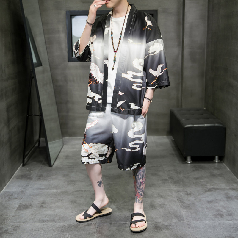 A3028*大码夏季男2021中国风仙鹤沙滩冰丝面料汉服套装p80，男装休闲套装，钱塘7008(原4008)