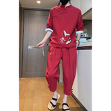 短视频风2026夏仙鹤刺绣棉麻T恤+九分裤短袖套装A736-P100，男装T恤，钱塘7008(原4008)