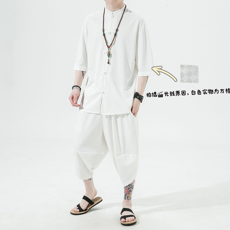 2023风夏季BV绿方格提花冰丝垂感短袖汉服套装A9002-p95，男装休闲套装，钱塘7008(原4008)