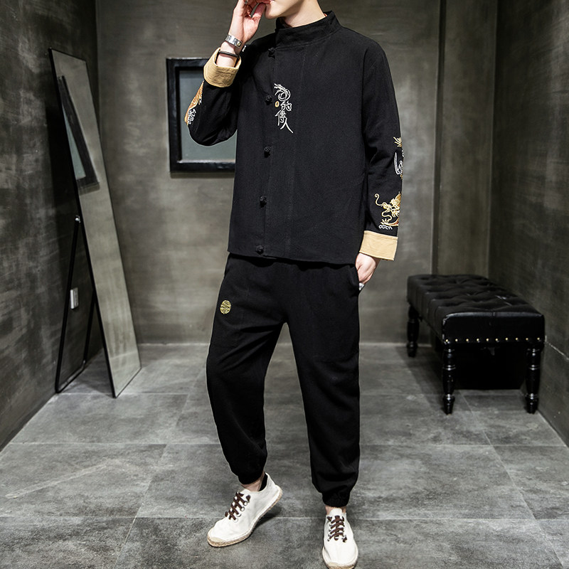 A1019风2021秋冬双臂刺龙棉麻盘扣/唐装/汉服套装,男装休闲套装,钱塘7008(原4008)