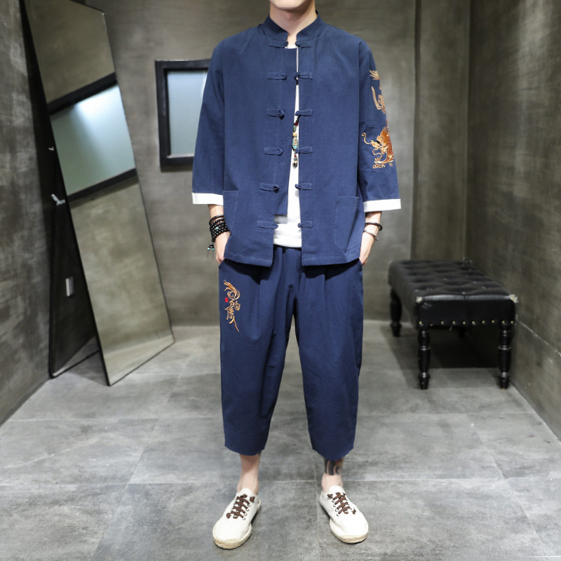 A1072大码男2021中国风 大龙刺绣款  开衫盘扣 汉服套装p110图片