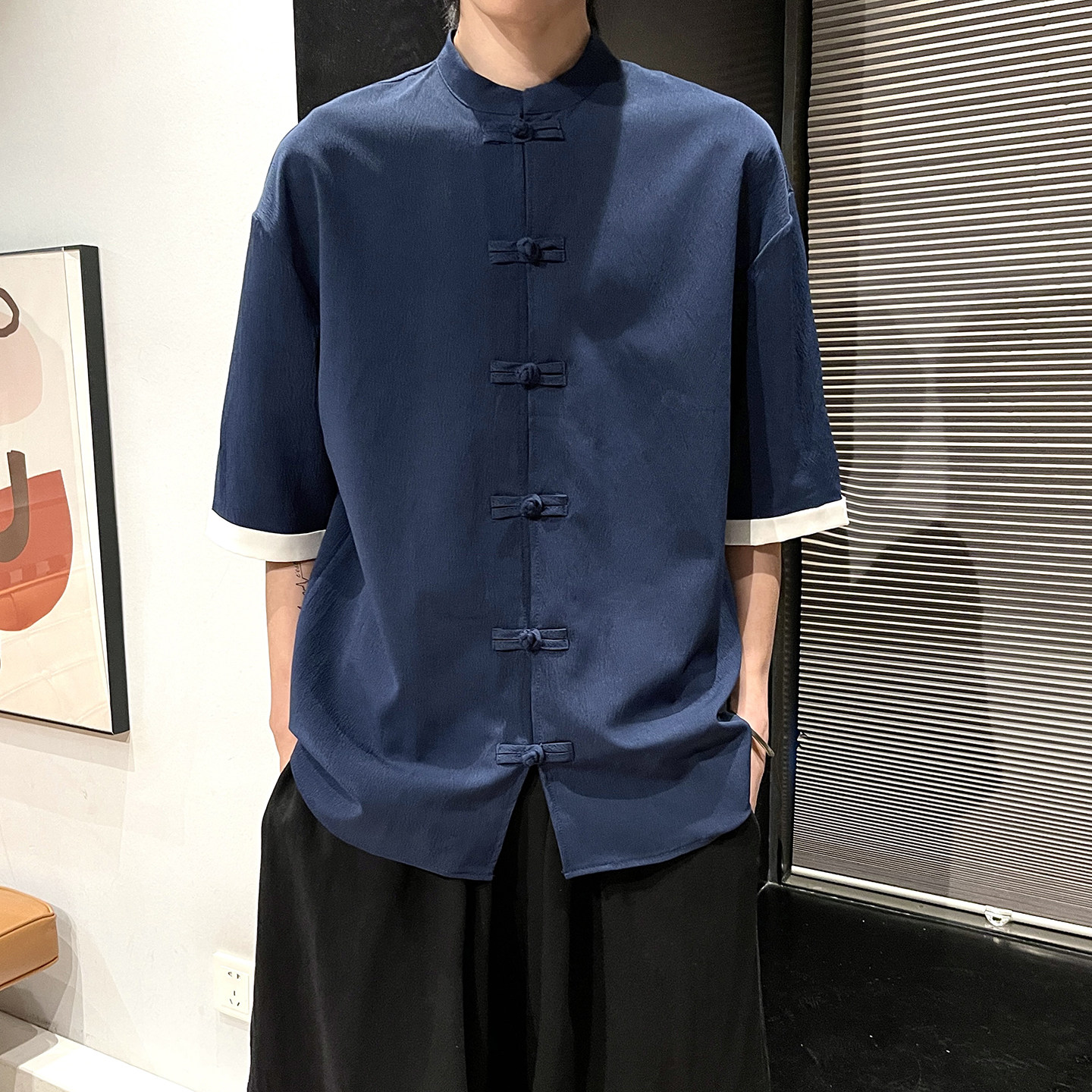5色 夏季2025冰丝抗皱 盘扣 男短袖衬衫/衬衣A8001*p40图片