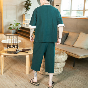 A1028*2021咖啡厅2020中国风新品 棉麻 5色短袖 T恤+七分裤P85图片