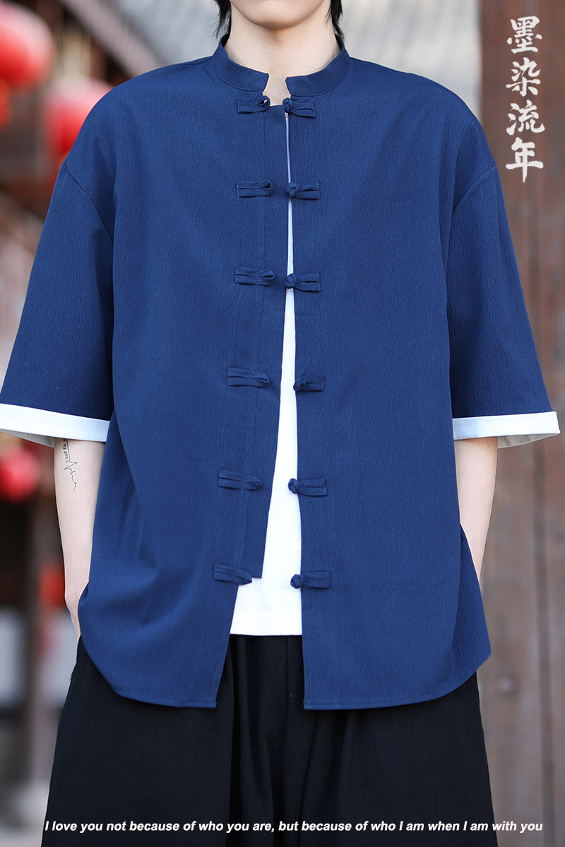 5色夏季2025冰丝抗皱盘扣男短袖衬衫/衬衣A8001*p40,男装T恤,钱塘7008(原4008)