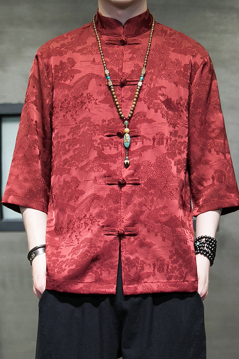 风2026夏现货！山水提花冰丝顺滑短袖衬衫/衬衣A881*p65,男装T恤,钱塘7008(原4008)