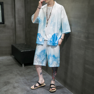 A3029*大码夏男2021中国风 水墨 沙滩 冰丝面料 汉服套装p80图片