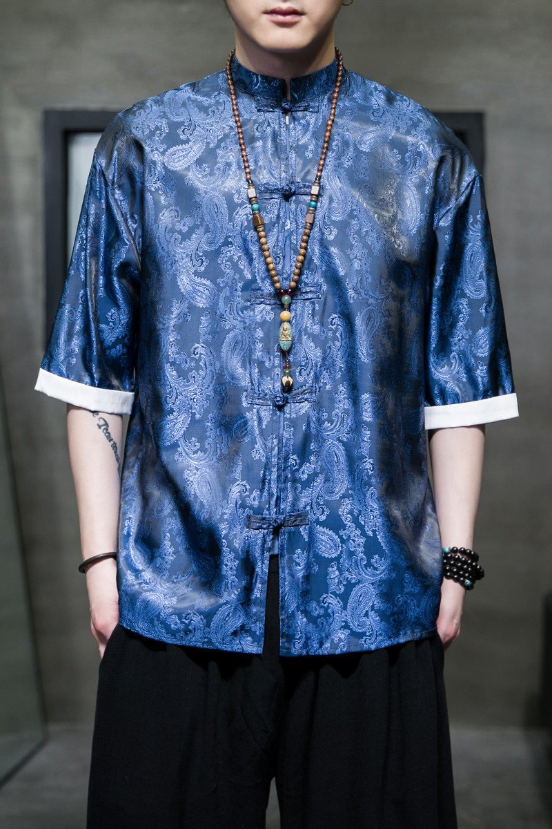 跑量夏2026红色冰丝5色风汉服短袖衬衫/衬衣A867-p48,男装T恤,钱塘7008(原4008)