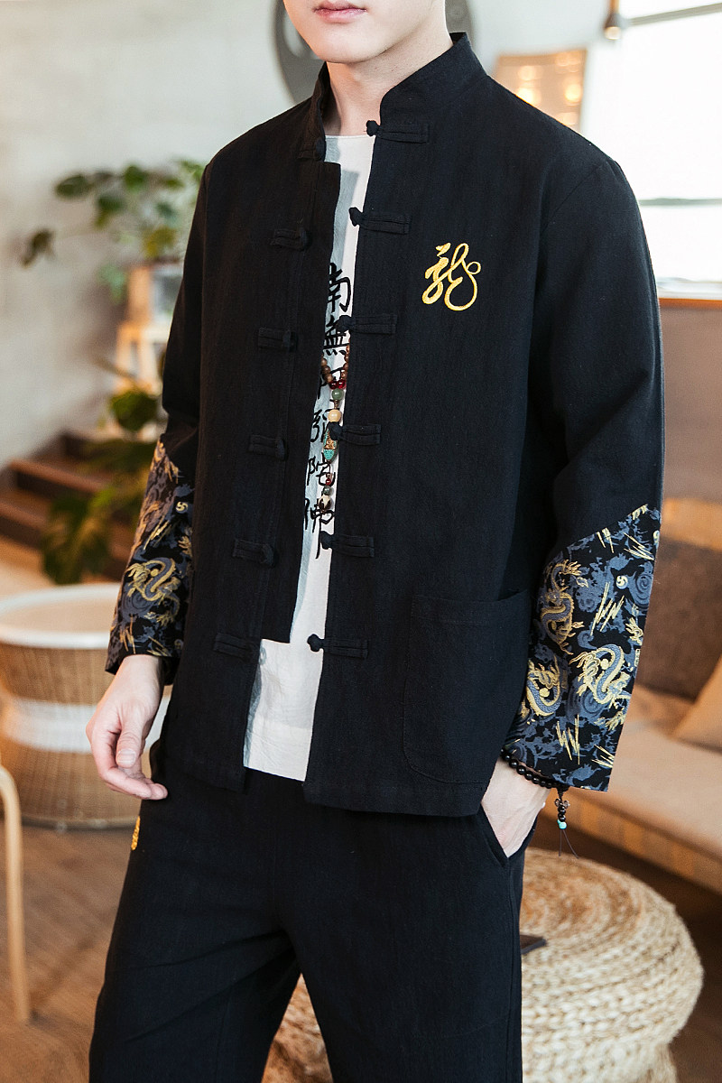 A702中国风2021春套装刺绣款龙盘扣棉麻汉服套装P120,男装民族服装,钱塘7008(原4008)