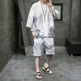 A3029*大码夏季男2021中国风水墨沙滩冰丝面料汉服套装p80，男装休闲套装，钱塘7008(原4008)