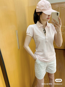 鲨鱼宝宝丫樱花粉五粒扣polo衫女春夏修身短袖上衣