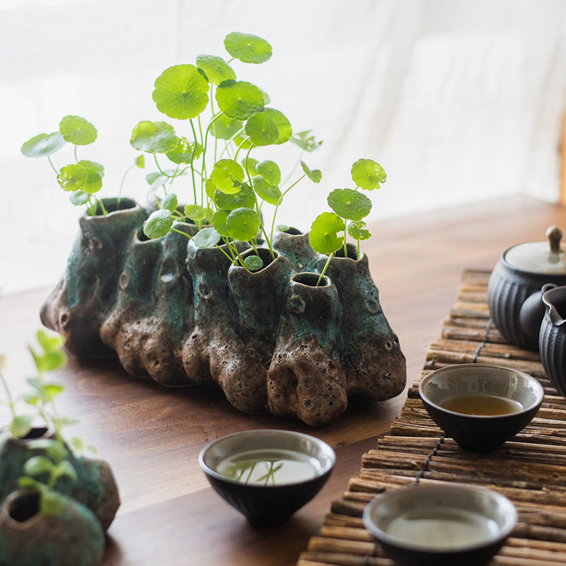 复古陶瓷花瓶水培器皿铜钱草花器茶室桌面装饰禅意古风花瓶摆件
