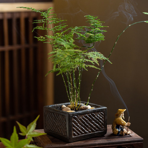 复古桌面小花盆仿石头竹子小方盆
