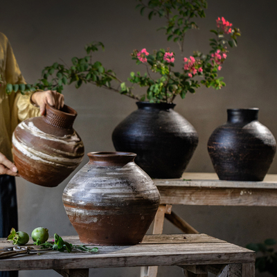 复古粗陶土罐子大肚花盆侘寂花瓶