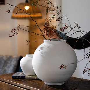 复古花瓶侘寂风大号白色粗陶罐中古风民宿禅意仿陶瓷大肚花瓶摆件