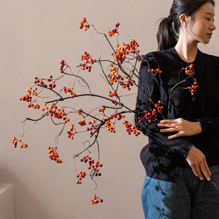 海棠果仿真花干花花束客厅餐桌装饰摆件侘寂风红果干枝假花摆设
