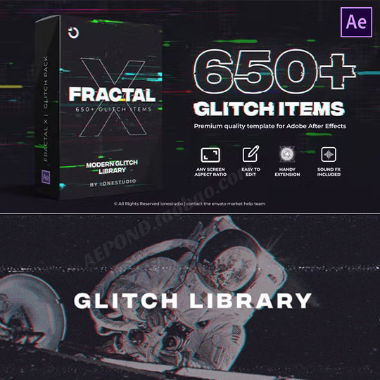 650+故障特效转场字幕叠加元素AE脚本 FRACTAL X Glitch Pack