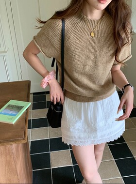 海曼女装早春新款 慵懒风卷边立领罗纹针织衫短袖HZ53885