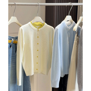 2026春新款重工烫钻假两件拼色领口针织衫女长袖软糯毛衣开衫外套