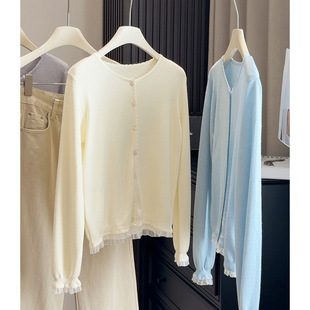 韩系温柔蕾丝花边针织开衫女春新款2026显瘦百搭内搭打底毛衣上衣