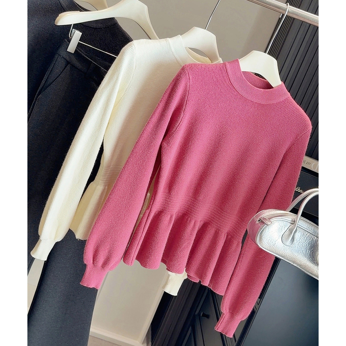 半高领灯笼袖收腰短款毛衣女秋冬季新款小个子气质荷叶边下摆上衣