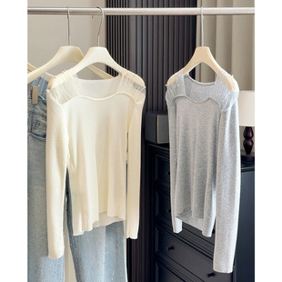 蕾丝方领珍珠长袖针织衫女春新款高级设计感独特绝美性感T恤上衣