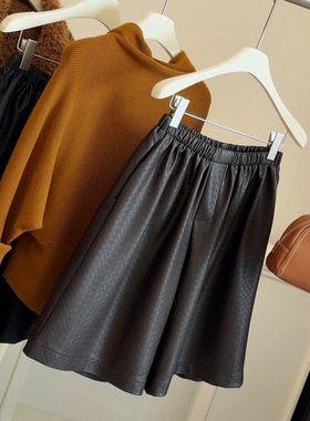 黑色高腰PU皮裤女2025秋冬新款松紧腰阔腿A字宽松显瘦外穿中裤子