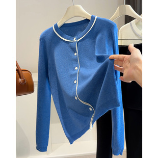 克莱因蓝软糯拼色针织开衫女春薄款2026新款韩系穿搭长袖毛衣上衣