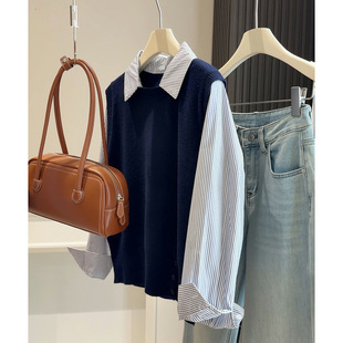 春季时尚休闲假两件条纹衬衫袖拼接针织衫女新款Polo领设计感上衣