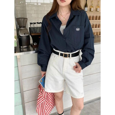 海曼女装松弛日常 时髦字母刺绣翻领宽松长袖衬衫ZY4109