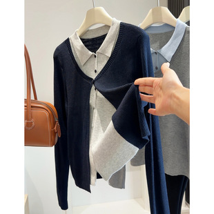 韩系撞色假两件翻领长袖针织衫女别致小衫2026春秋季百搭显瘦上衣