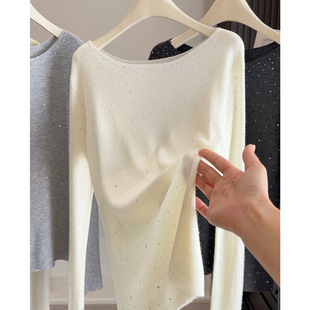 春季一字领亮闪闪烫钻针织衫女式洋气减龄内搭打底衫休闲毛衣上衣