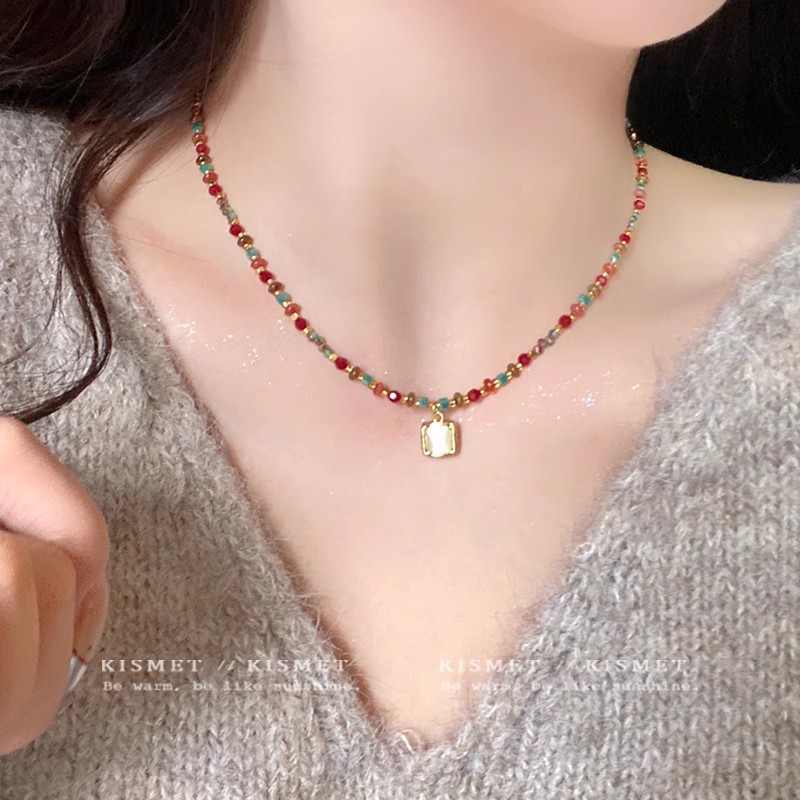 彩色天然水晶串珠猫眼石吊坠项链小众轻奢ins百搭复古锁骨链颈链