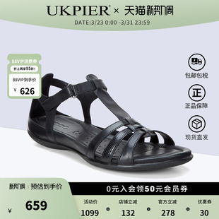 露趾平底罗马鞋 Ecco爱步女鞋 魔术贴休闲凉鞋 新款 240873直邮 夏季