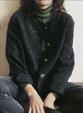 【国内现货】日本春秋SoClose女黑色通勤气质粗花呢圆领短外套