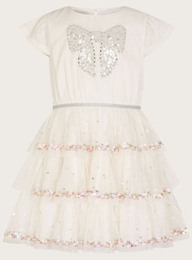 【国内现货】Monsoon 女童女孩白色丝绒短袖蝴蝶结连衣裙