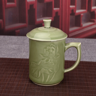 家用茶杯 龙泉青瓷办公杯陶瓷带盖有柄泡茶水杯越窑釉创意荷花日式